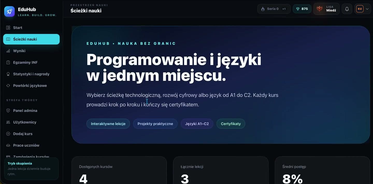 Actual EDU-HUB interface showing learning paths and courses
