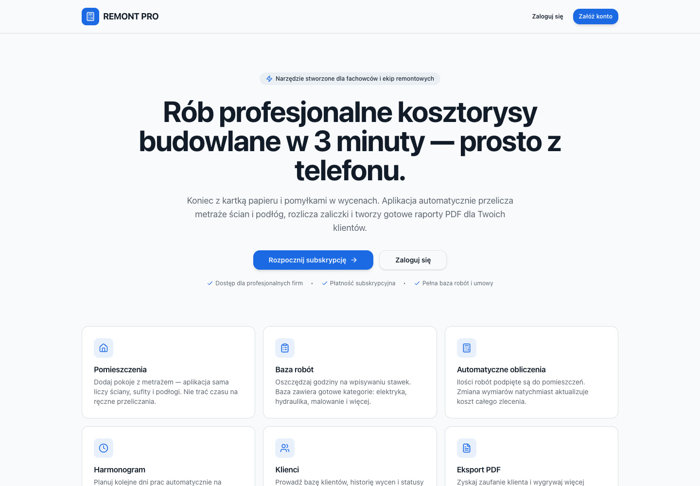 Publiczna strona RemontPro z opisem aplikacji dla firm remontowych